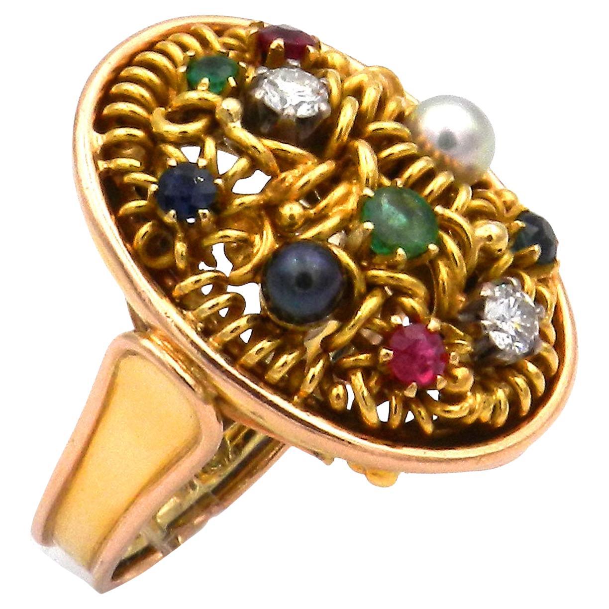 Mehrsteiniger Goldring 0,3 Karat Diamanten Saphir Rubin Smaragd und Perlen ca. 1930 im Angebot