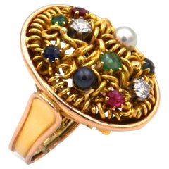 Mehrsteiniger Goldring 0,3 Karat Diamanten Saphir Rubin Smaragd und Perlen ca. 1930
