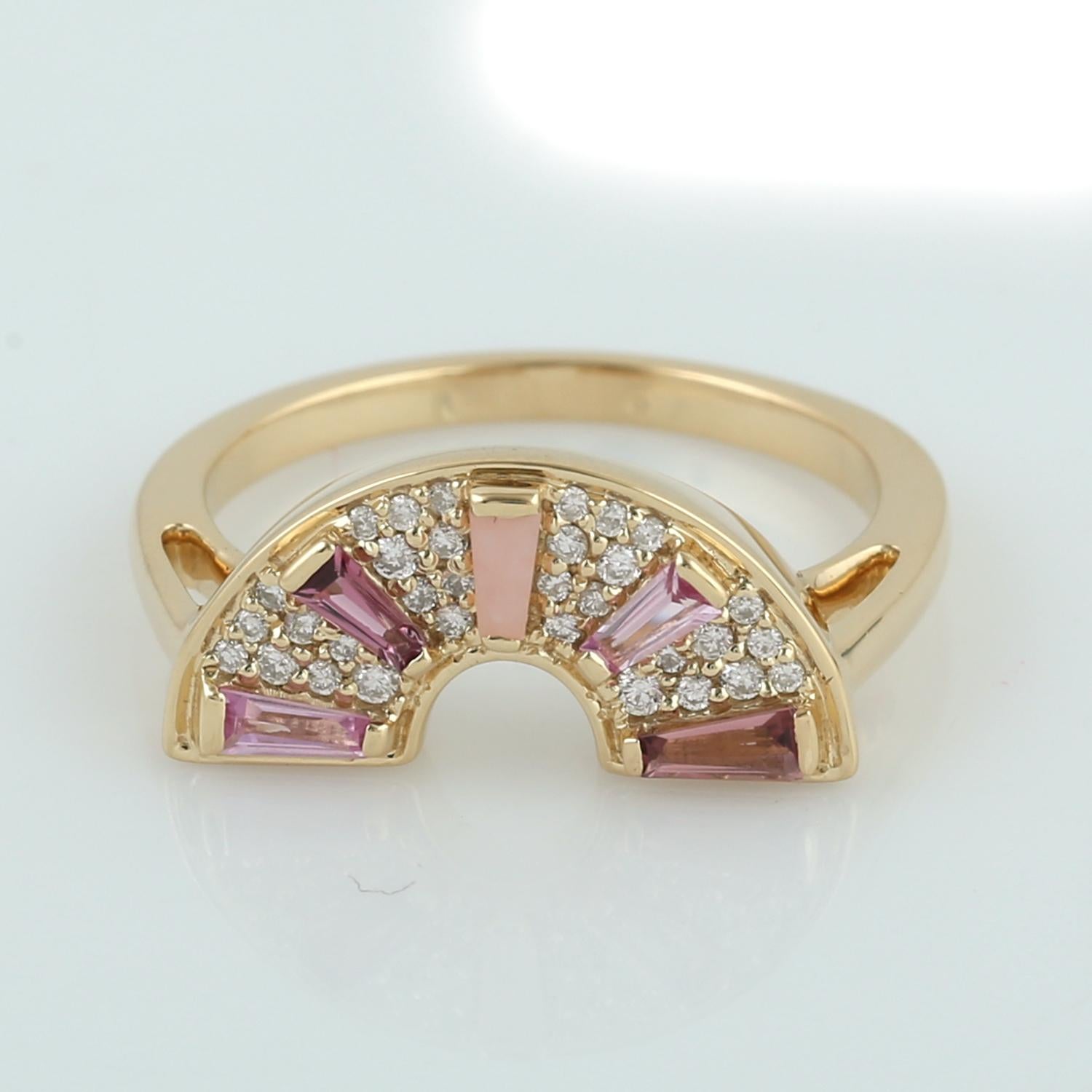 Contemporary Multi Gemstone Half Disc Ring With Diamonds Made In 18k Yellow Gold For Sale