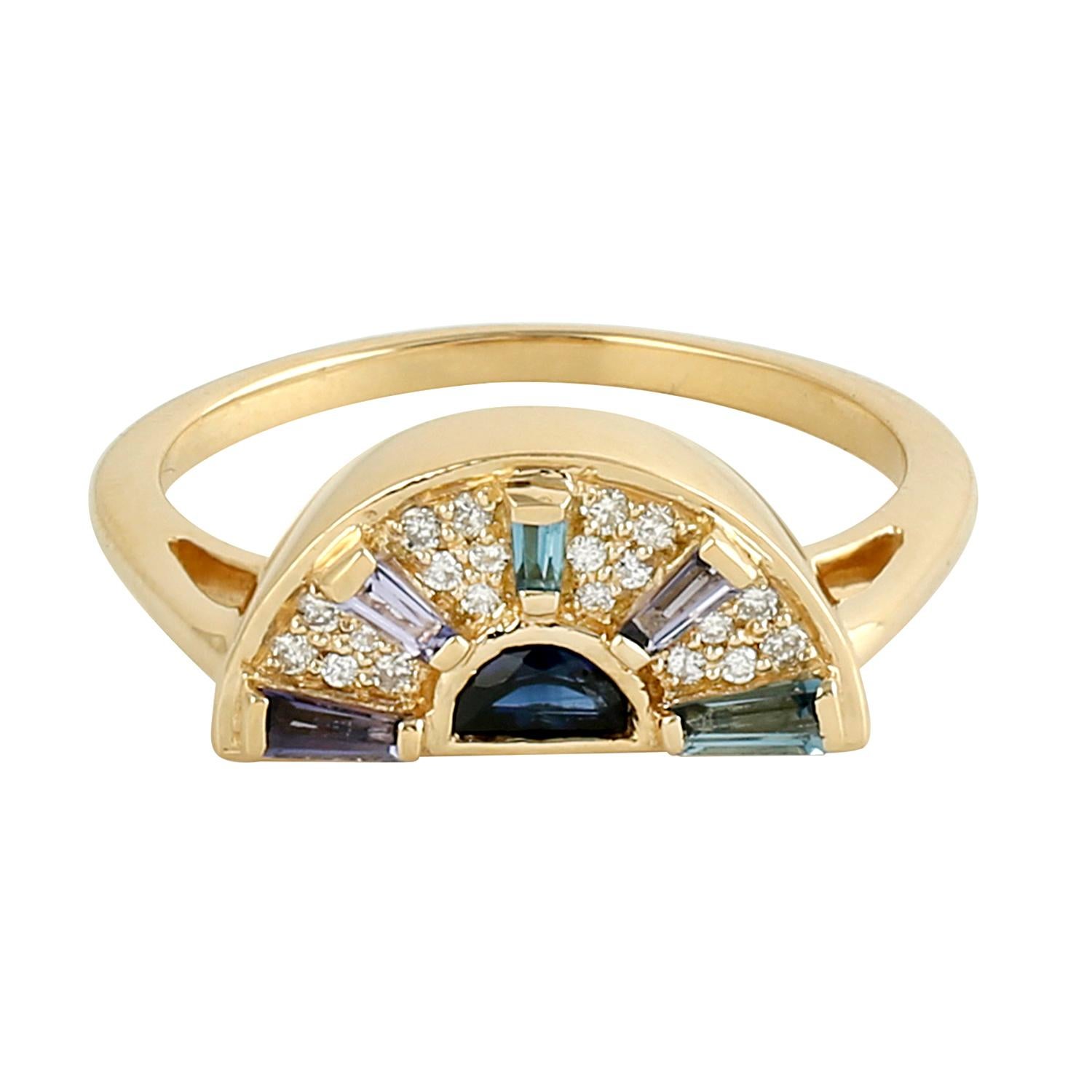 Contemporary Multi Gemstone Half Disc Ring With Diamonds Made In 18k Yellow Gold For Sale