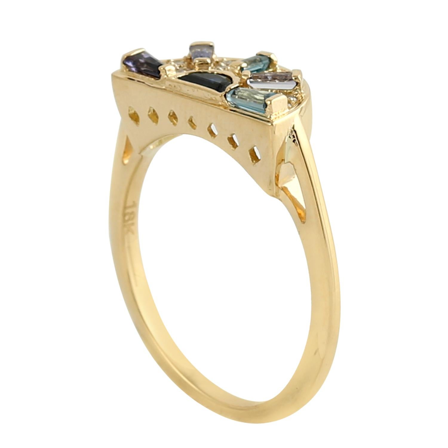 Multi Gemstone Half Disc Ring With Diamonds Made In 18k Yellow Gold In New Condition For Sale In New York, NY