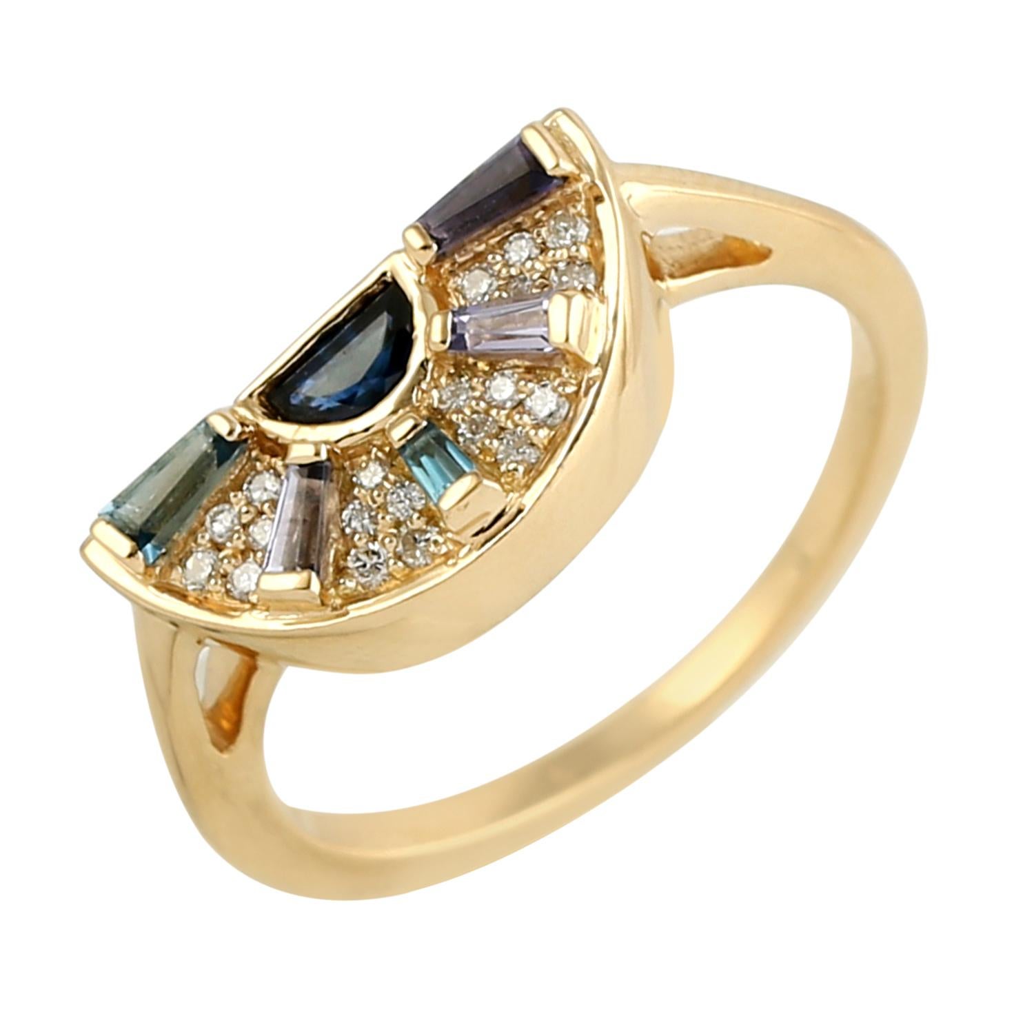 Women's Multi Gemstone Half Disc Ring With Diamonds Made In 18k Yellow Gold For Sale