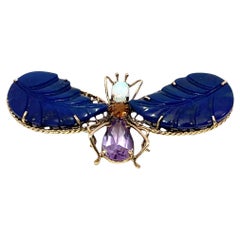 Multi Gemstone Inlaid Butterfly Brooch in 14k Yellow Gold