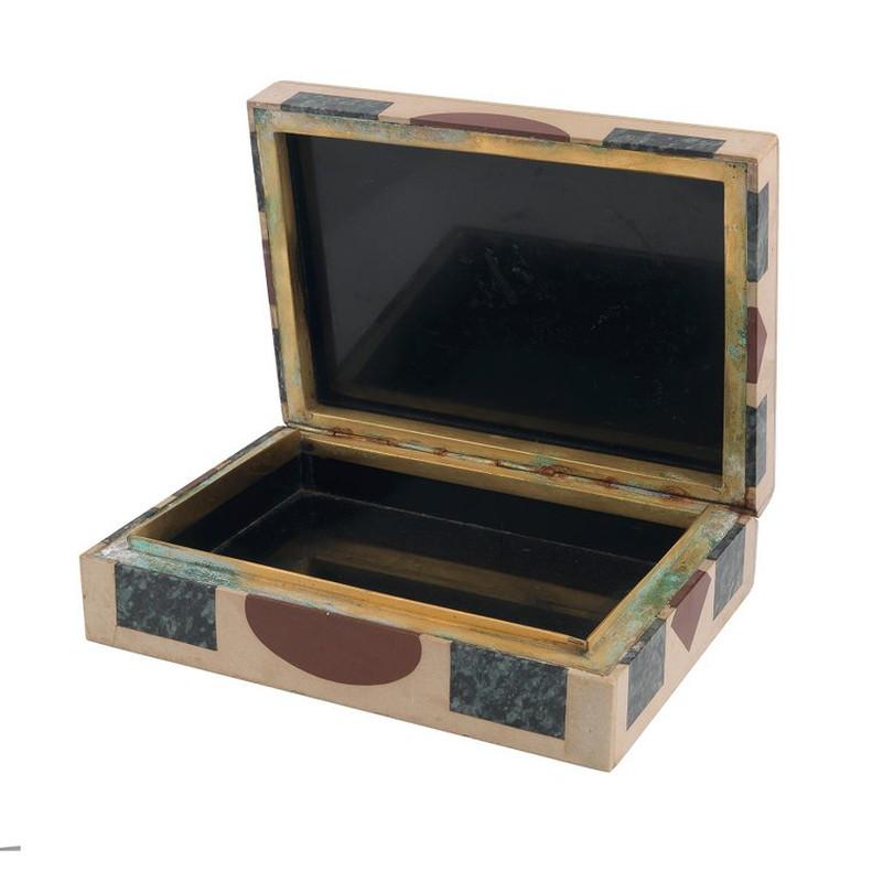 SHIPPING POLICY:
No additional costs will be added to this order.
Shipping costs will be totally covered by the seller (customs duties included). 

The present box is fabricated of brown marble and inlaid with different minerals such as: lapis