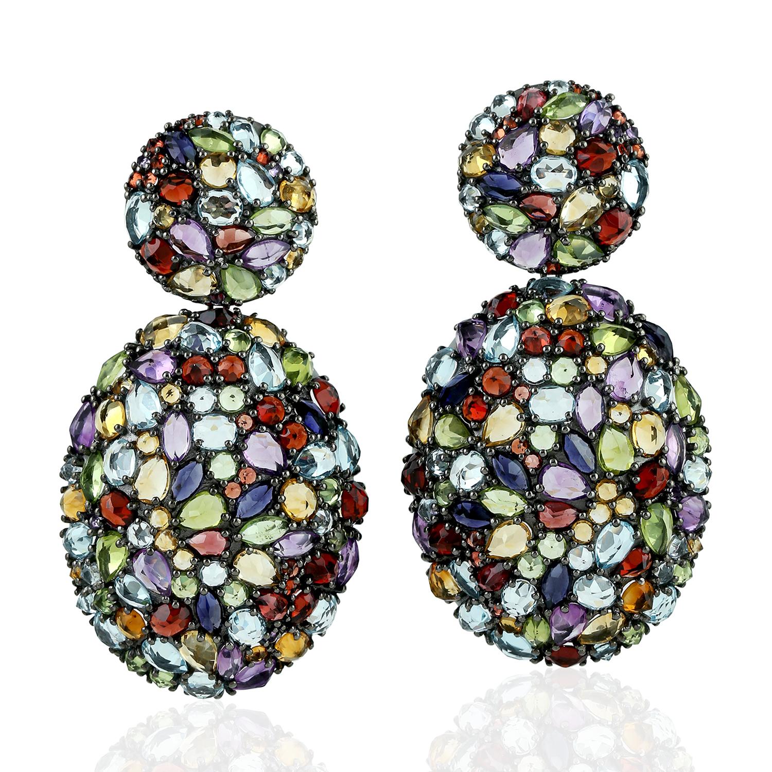 Modern Multi Gemstone Kaleidoscope Earrings Amethyst Citrine Garnet For Sale
