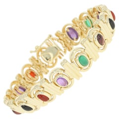 Multi-Gemstone Link Bracelet, 14 Karat Gold Amethyst Chalcedony Onyx Tourmaline