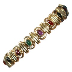 Multi-Gemstone Link Bracelet, 14 Karat Gold Amethyst Chalcedony Onyx Tourmaline