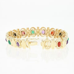 Multi-Gemstone Link Bracelet, 14 Karat Gold Amethyst Chalcedony Onyx Tourmaline