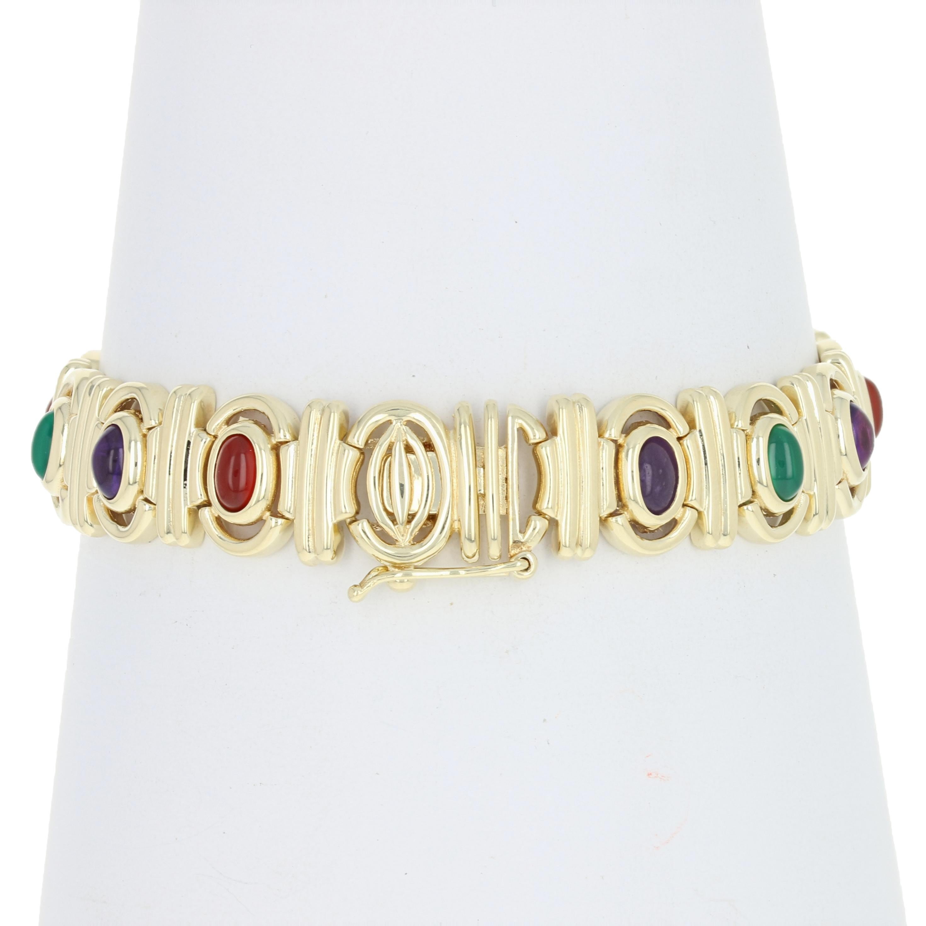 Oval Cut Multi-Gemstone Link Bracelet, 14 Karat Gold Amethyst Chalcedony Onyx Tourmaline