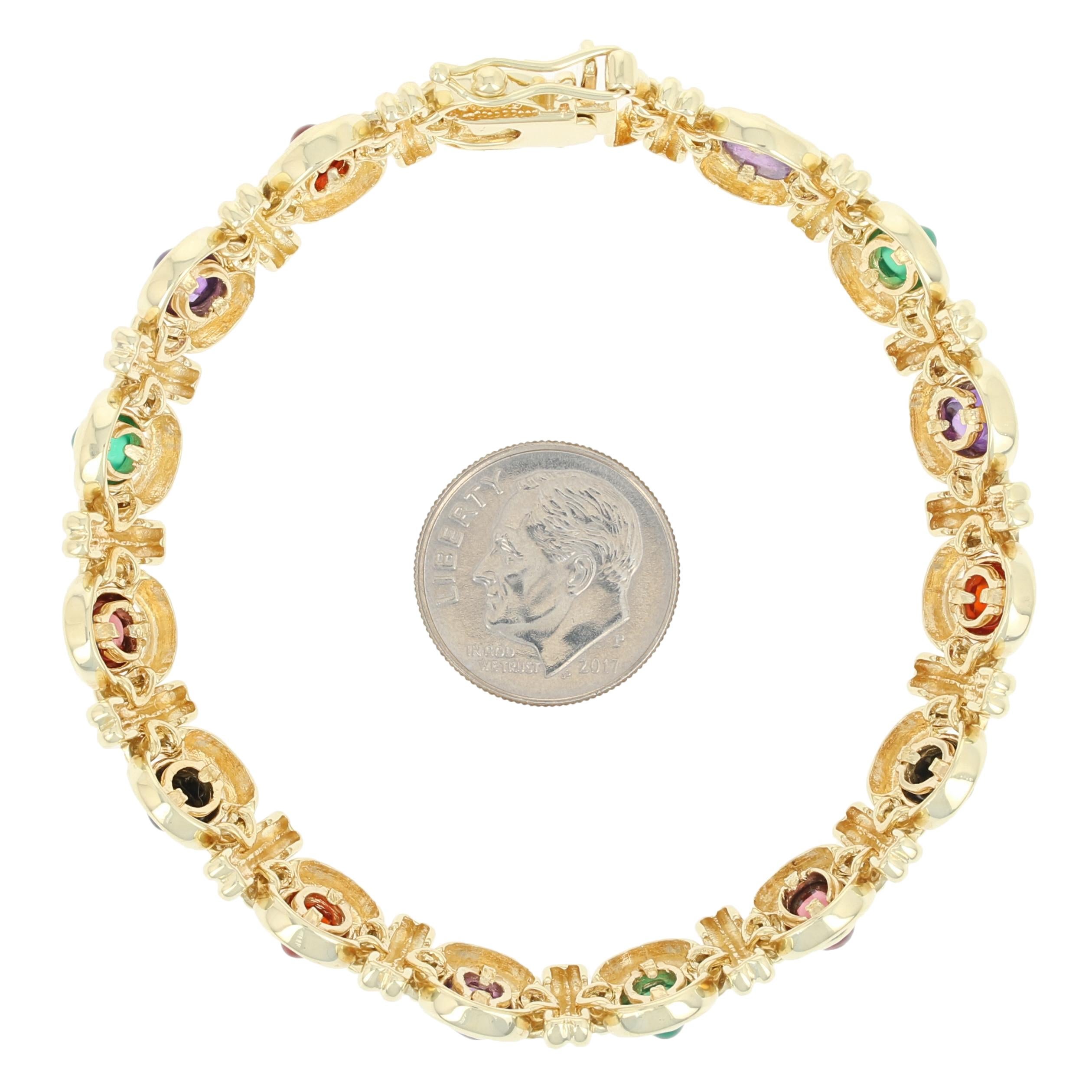 Women's Multi-Gemstone Link Bracelet, 14 Karat Gold Amethyst Chalcedony Onyx Tourmaline