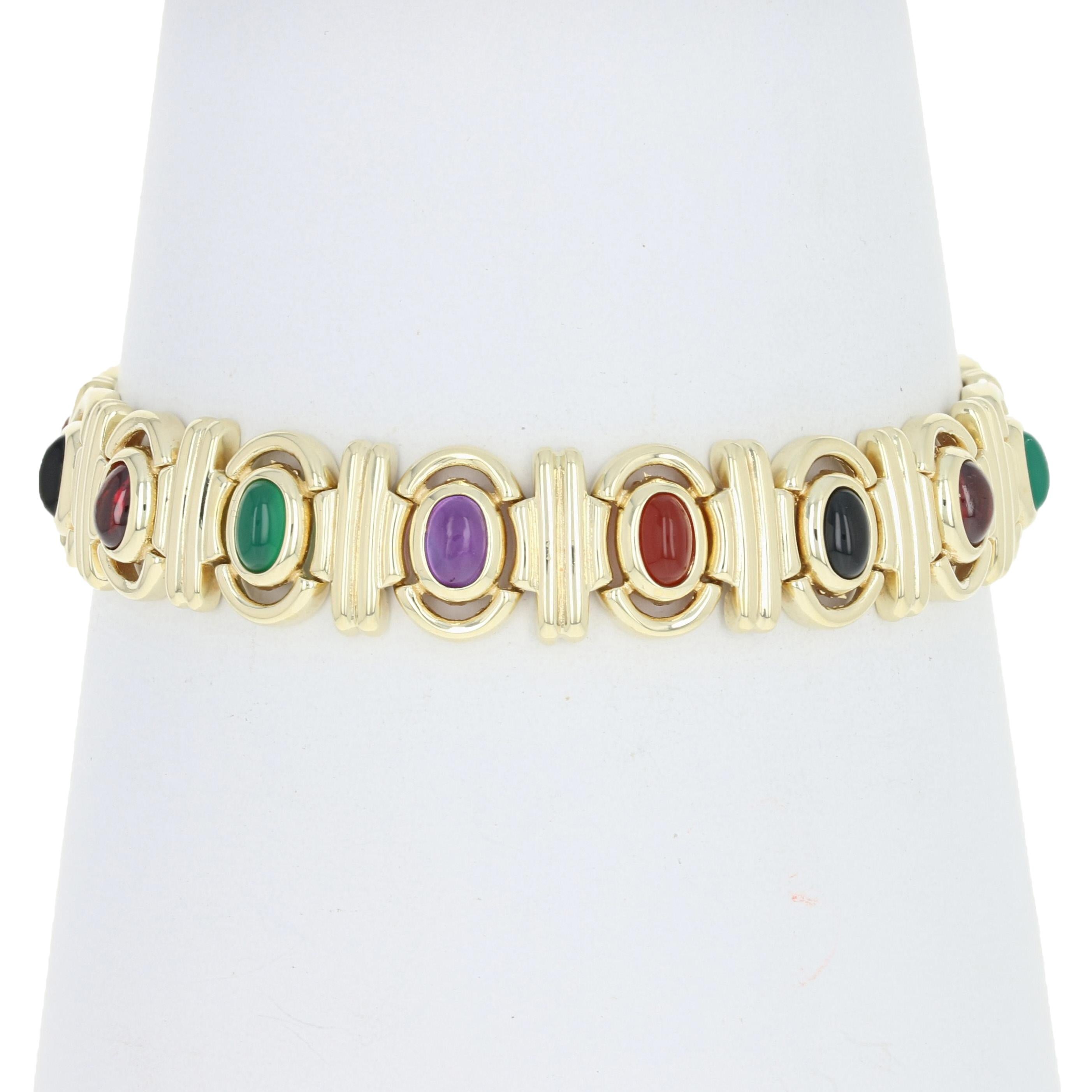 Hosting a kaleidoscope of majestic gemstones, this elegant bracelet will be a versatile accessory in your collection to complement any season’s wardrobe! This link-style piece showcases luminous amethyst, green chalcedony, carnelian, onyx, and pink