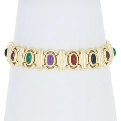 Multi-Gemstone Link Bracelet, 14 Karat Gold Amethyst Chalcedony Onyx Tourmaline