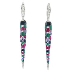 Multi Gemstone Long Dangle Earrings With Diamonds Made In 18k Gold