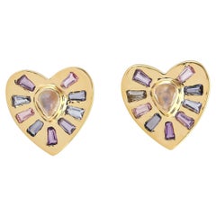 Boucles d'oreilles en forme de coeur en or jaune 18 carats avec plusieurs pierres précieuses
