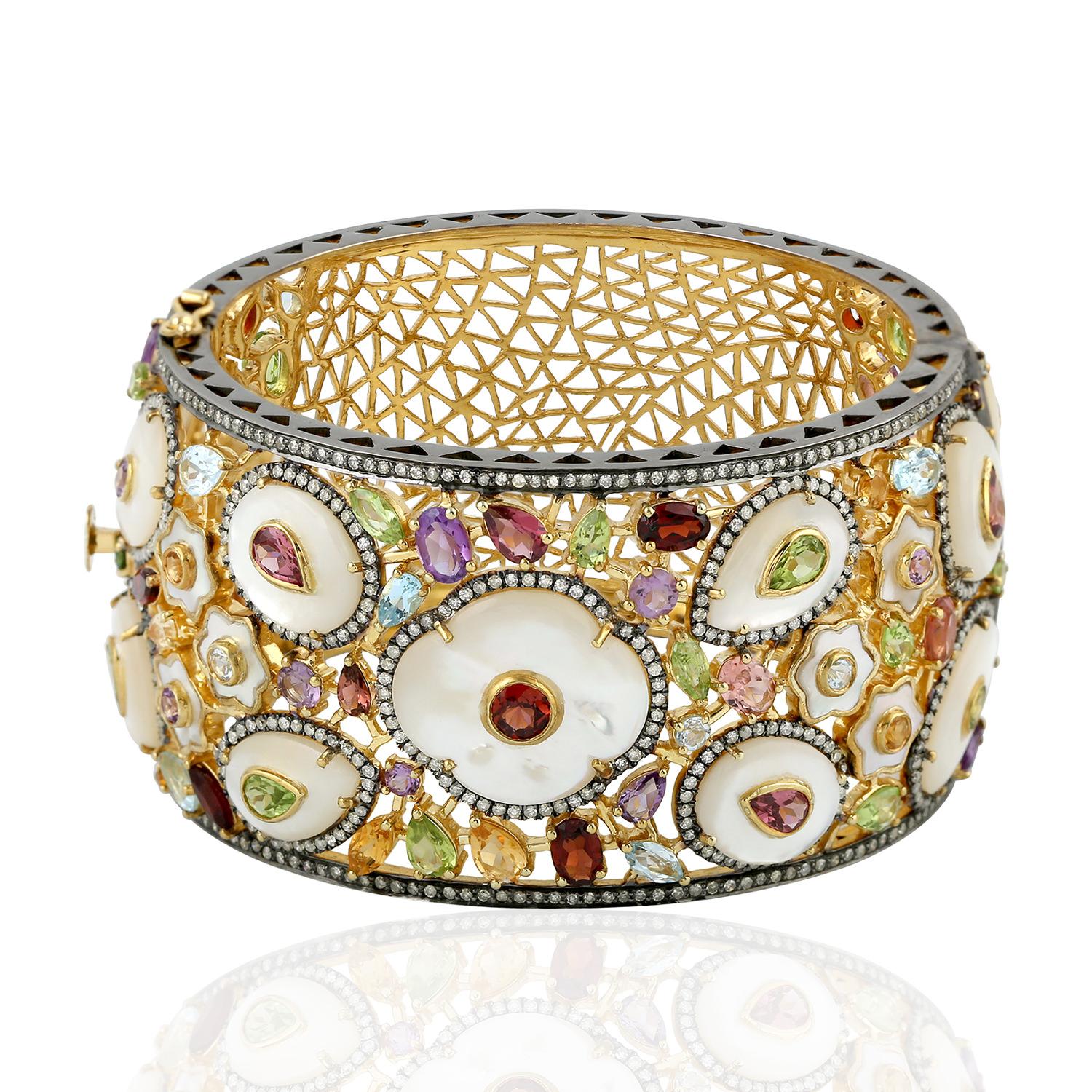 Artisan Multi Gemstone Mother of Pearl Diamond Bracelet Cuff For Sale