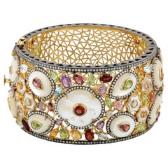 Multi Gemstone Mother of Pearl Diamond Bracelet Cuff