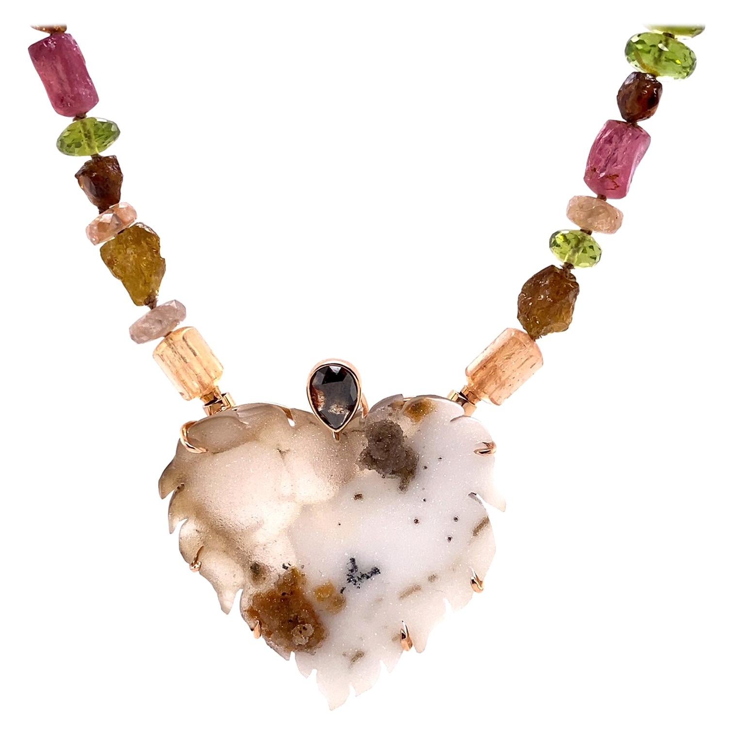 Multi Gemstone Necklace with an 18k Rose Gold  Druzy Heart Clasp For Sale