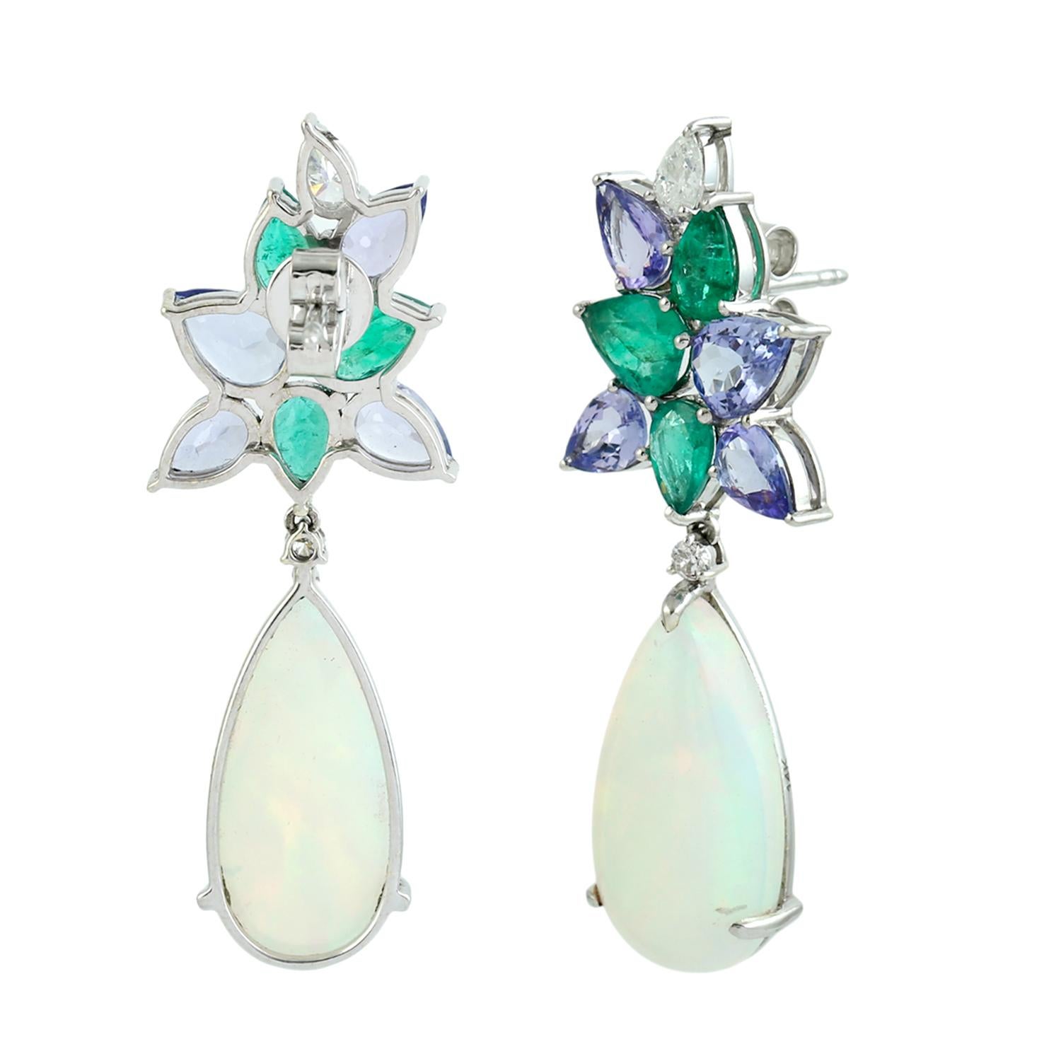 Mixed Cut Multi Gemstone Opal Earrings Accented With Diamonds In 14k White Gold For Sale