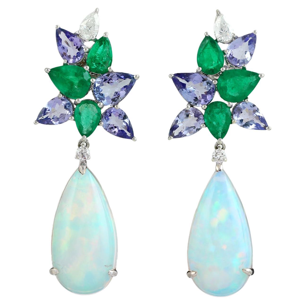 Multi Gemstone Opal Earrings Accented With Diamonds In 14k White Gold