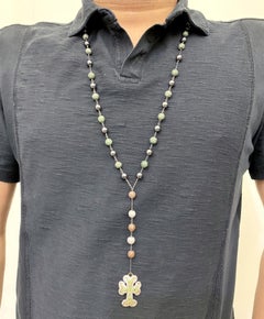 Multi Gemstone & Pave Diamond Bead Ball Necklace with Cross Pendant