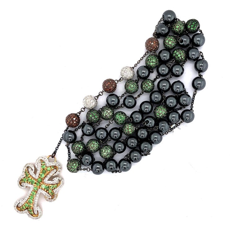 Multi Gemstone and Pave Diamond Bead Ball Necklace with Cross Pendant
