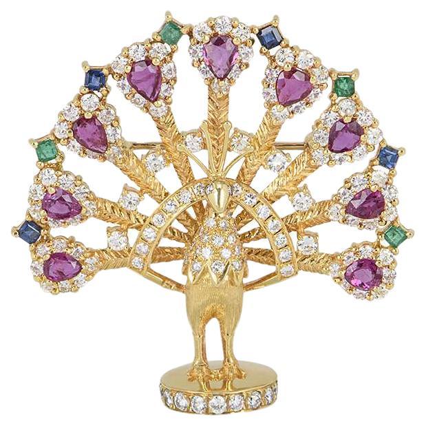 Multi-Gemstone Peacock Brooch with Diamonds, Rubies, Emeralds and Sapphires For Sale
