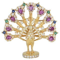 Multi-Gemstone Peacock Brooch with Diamonds, Rubies, Emeralds and Sapphires