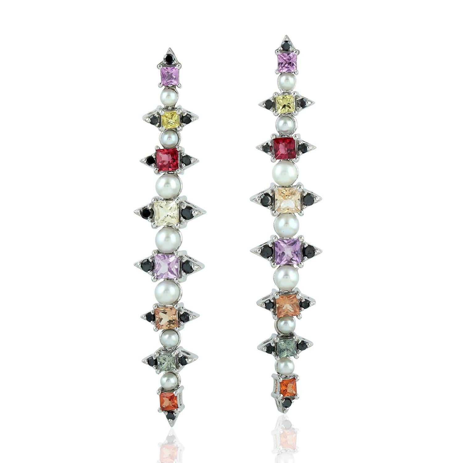 Modern Multi Gemstone Pearl Diamond 18 Karat Gold Linear Earrings For Sale