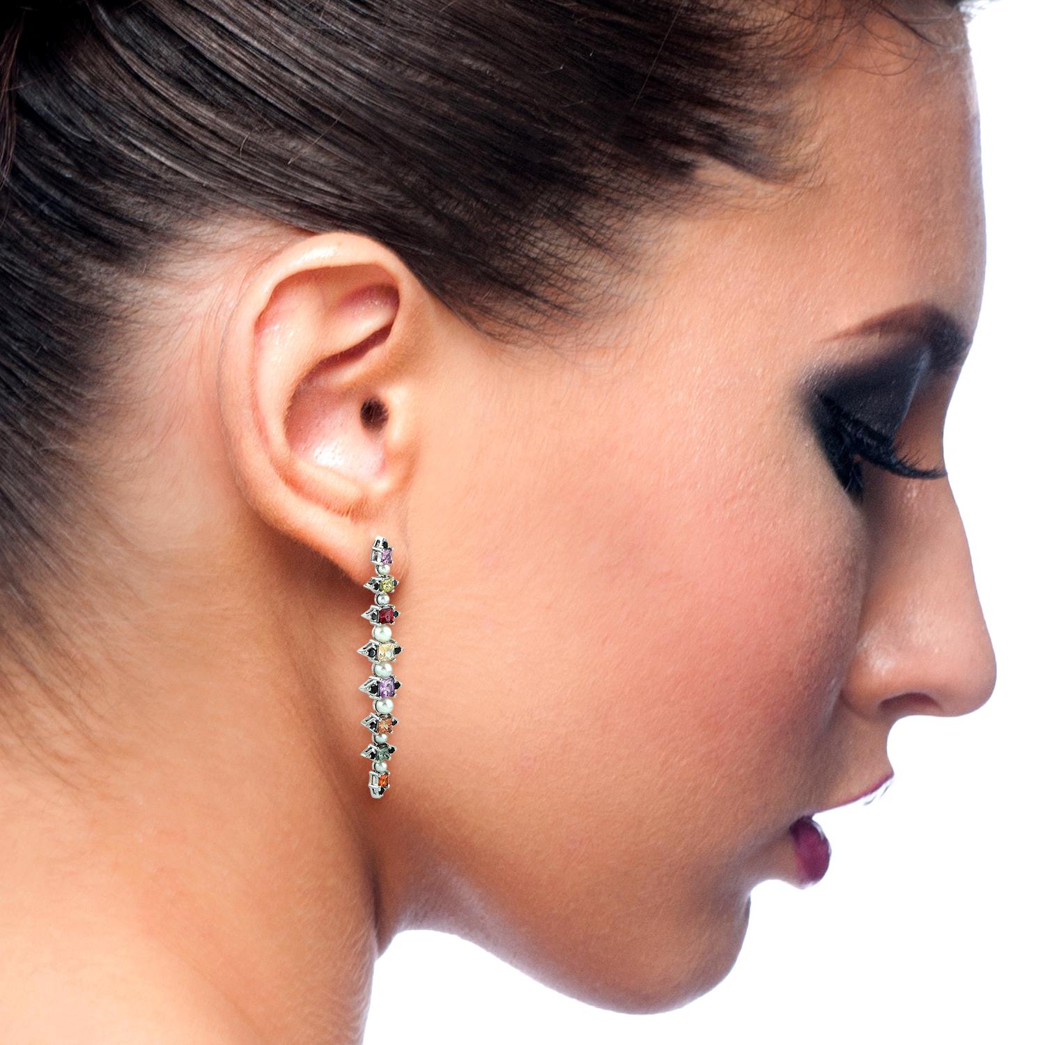 Mixed Cut Multi Gemstone Pearl Diamond 18 Karat Gold Linear Earrings For Sale
