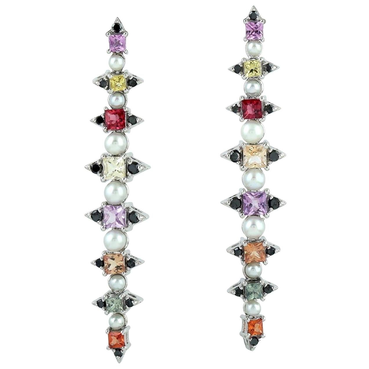 Multi Gemstone Pearl Diamond 18 Karat Gold Linear Earrings For Sale