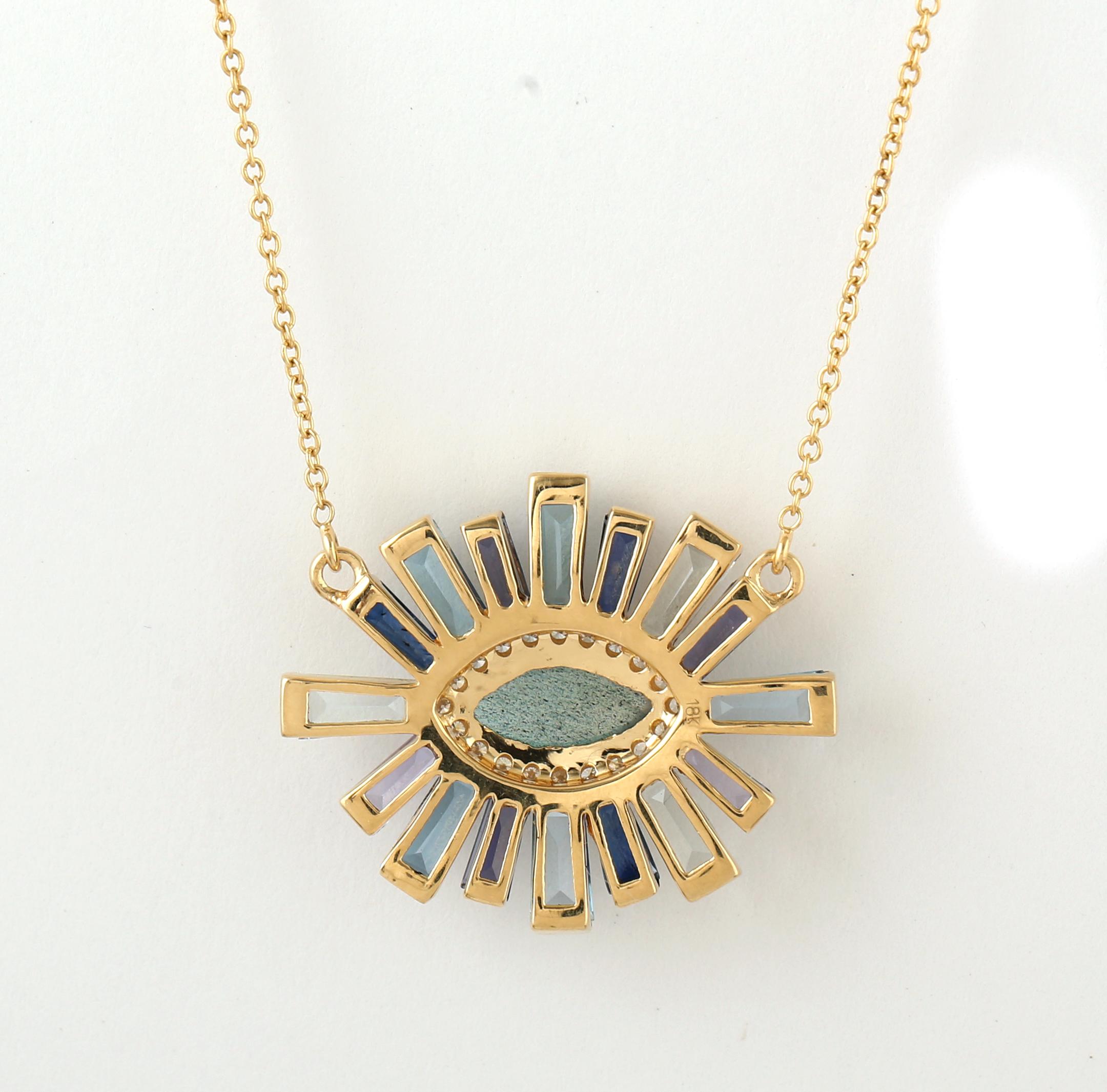 Taglio misto Collana con ciondolo Multi GemStone e diamanti in oro bianco 18 carati in vendita
