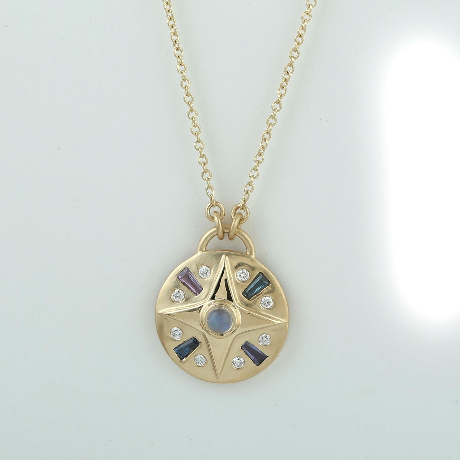 Artisan Multi Gemstone Pendant Necklace With Diamonds Made In 18k Yellow Gold For Sale