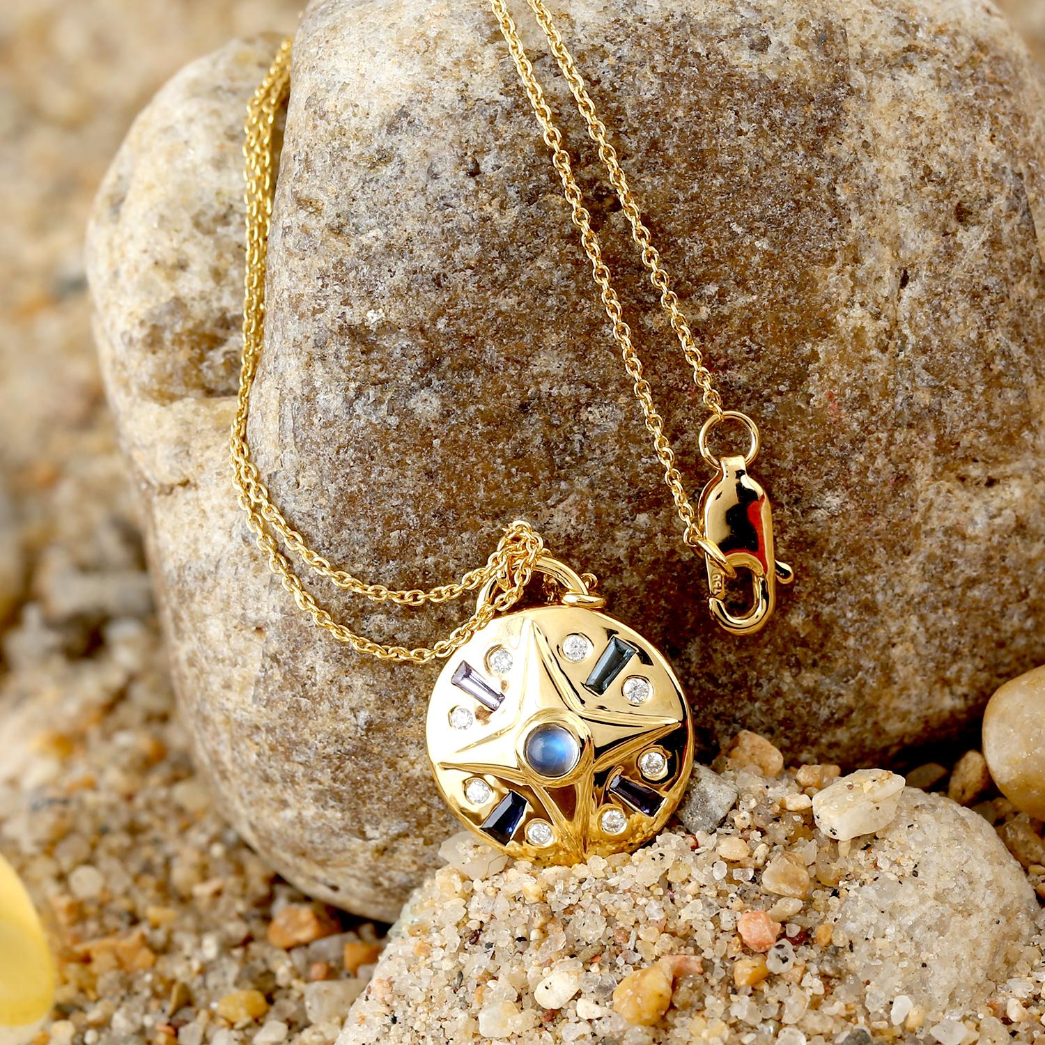 Multi Gemstone Pendant Necklace With Diamonds Made In 18k Yellow Gold In New Condition For Sale In New York, NY