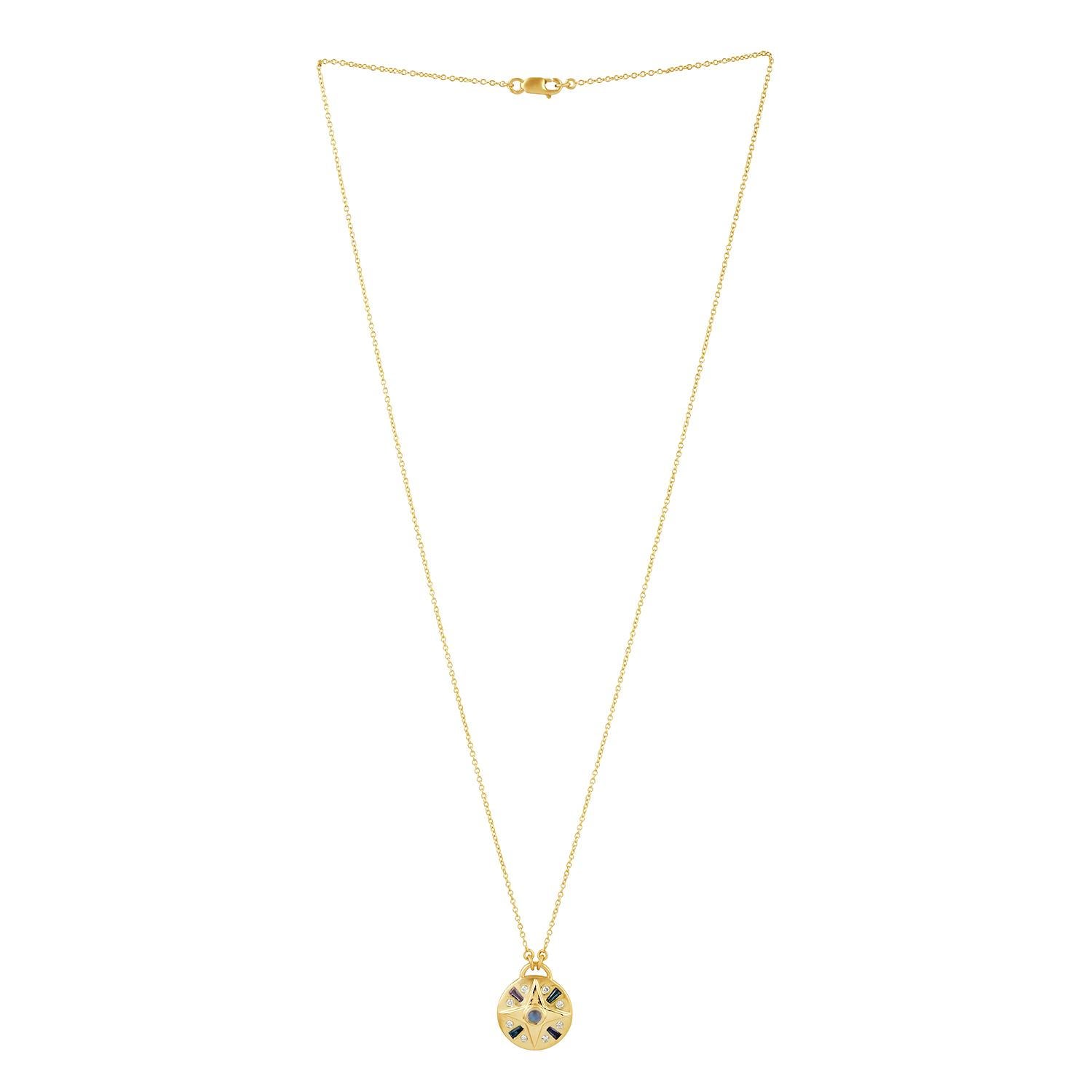 Women's Multi Gemstone Pendant Necklace With Diamonds Made In 18k Yellow Gold For Sale