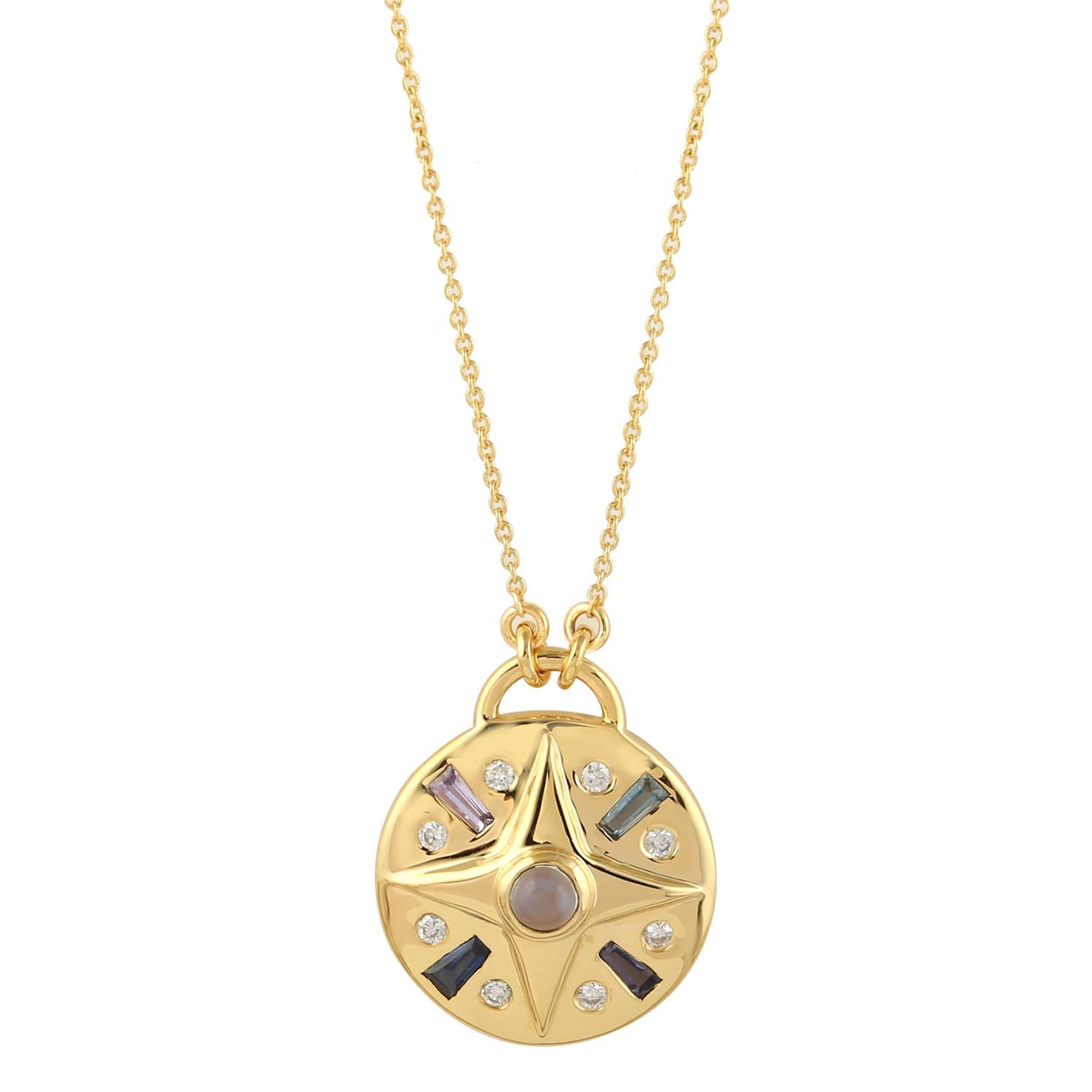 Multi Gemstone Pendant Necklace With Diamonds Made In 18k Yellow Gold For Sale 1