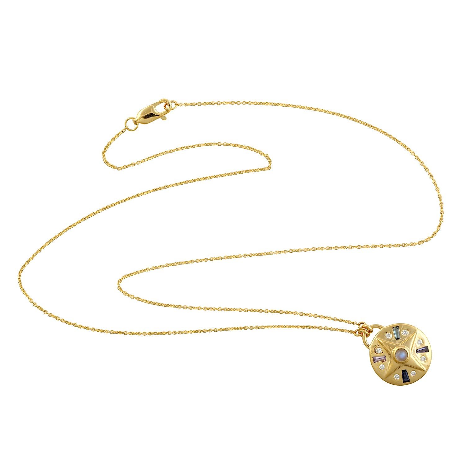 Multi Gemstone Pendant Necklace With Diamonds Made In 18k Yellow Gold For Sale 2