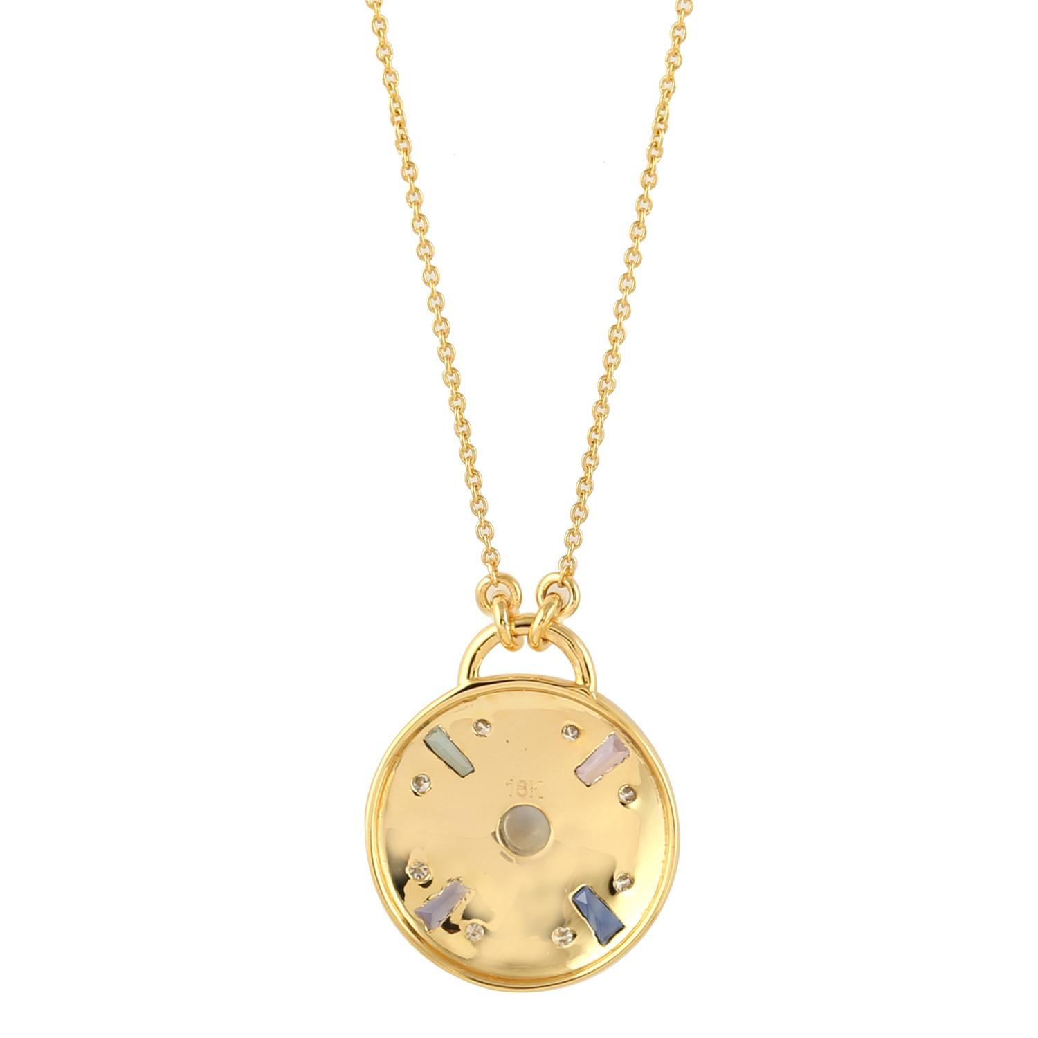 Multi Gemstone Pendant Necklace With Diamonds Made In 18k Yellow Gold For Sale 3