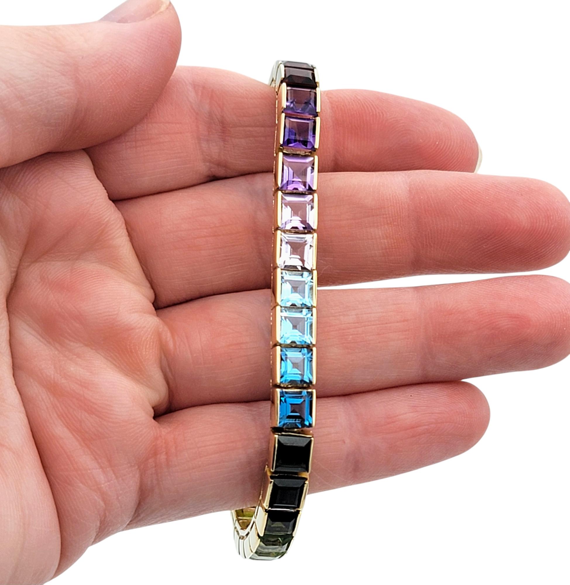 Multi-Gemstone Princess Cut Rainbow Ombre Tennis Bracelet 14 Karat Yellow Gold For Sale 6