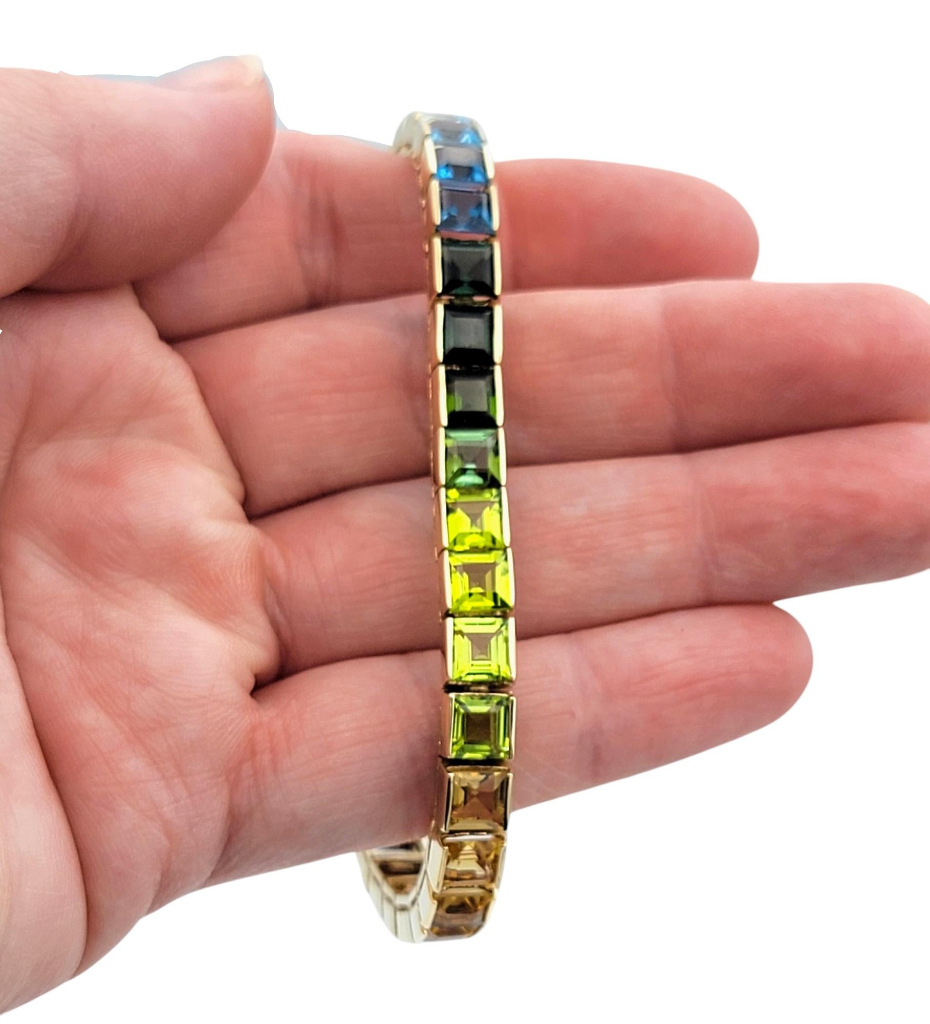 Multi-Gemstone Princess Cut Rainbow Ombre Tennis Bracelet 14 Karat Yellow Gold For Sale 7
