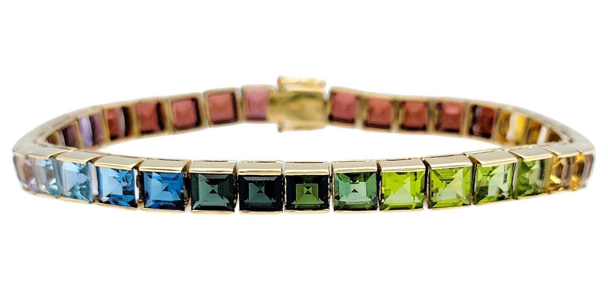 Contemporary Multi-Gemstone Princess Cut Rainbow Ombre Tennis Bracelet 14 Karat Yellow Gold For Sale