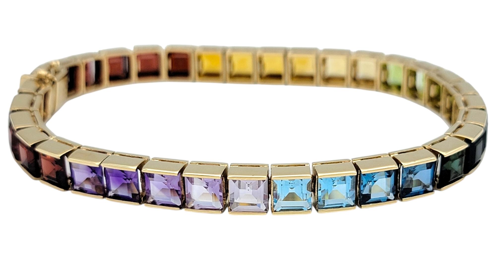 Multi-Gemstone Princess Cut Rainbow Ombre Tennis Bracelet 14 Karat Yellow Gold In Good Condition For Sale In Scottsdale, AZ