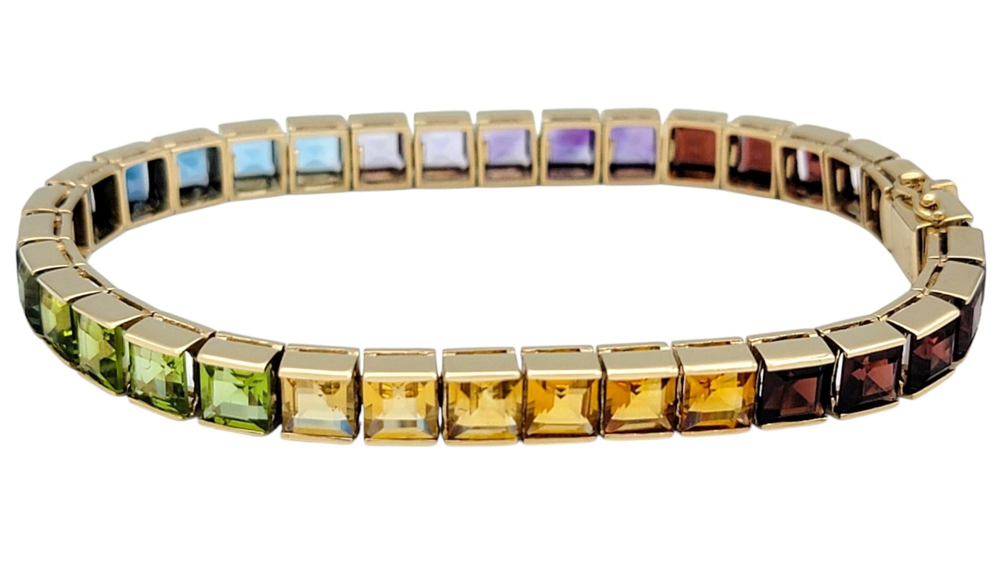 Women's Multi-Gemstone Princess Cut Rainbow Ombre Tennis Bracelet 14 Karat Yellow Gold For Sale