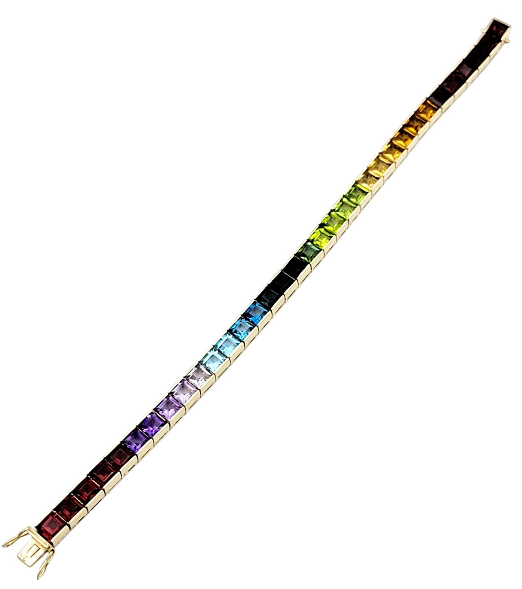 Multi-Gemstone Princess Cut Rainbow Ombre Tennis Bracelet 14 Karat Yellow Gold For Sale 1