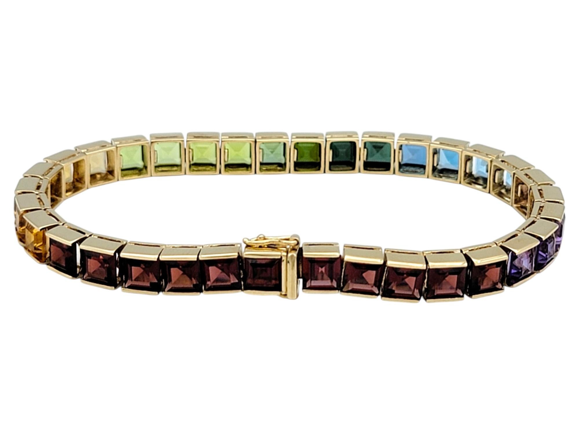 Multi-Gemstone Princess Cut Rainbow Ombre Tennis Bracelet 14 Karat Yellow Gold For Sale 2
