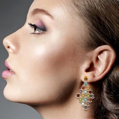 Multi Gemstone Rainbow Colored Dangle Earring with Diamonds Made in 18k Gold