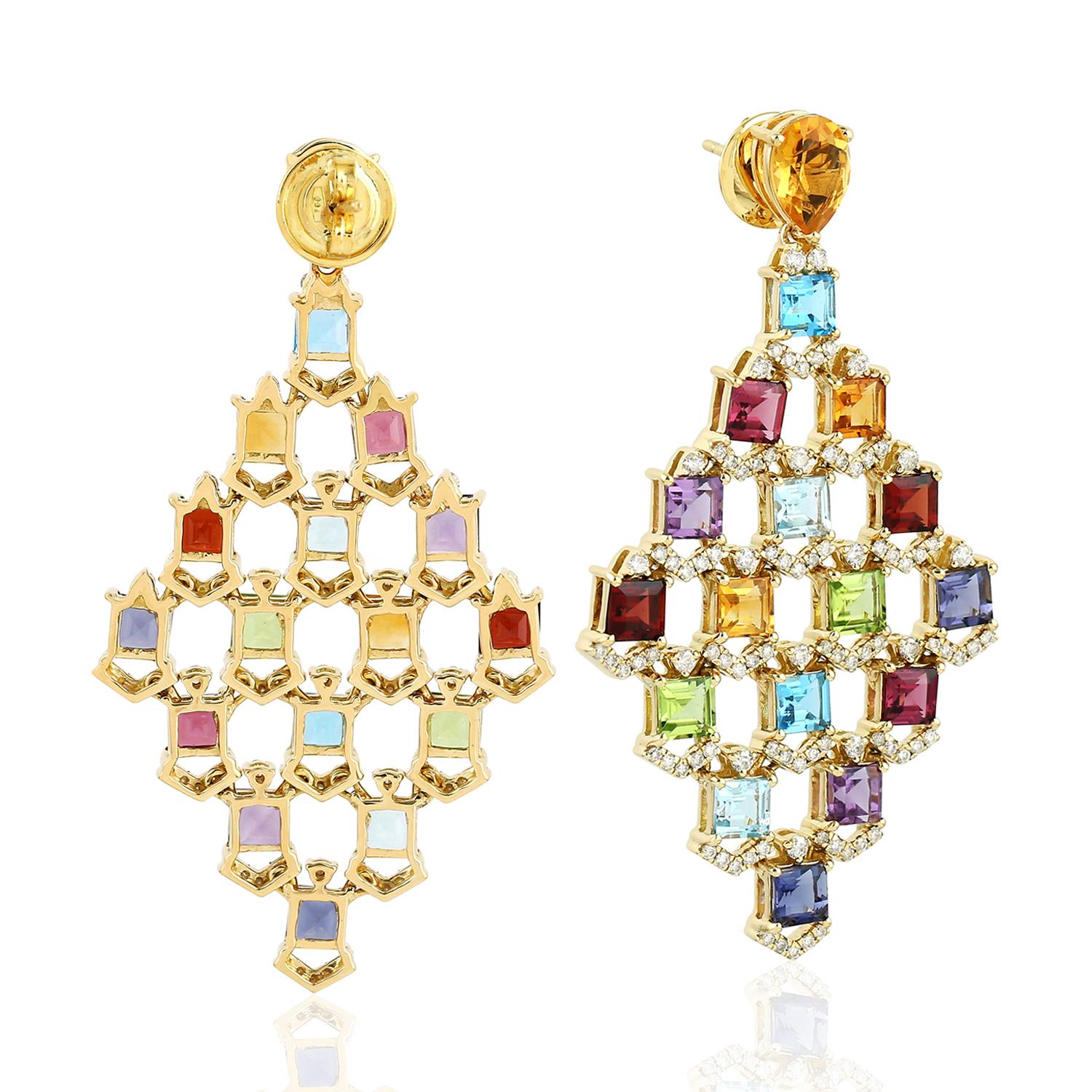 Art Deco Multi Gemstone Rainbow Colored Dangle Earring with Diamonds Made in 18k Gold For Sale