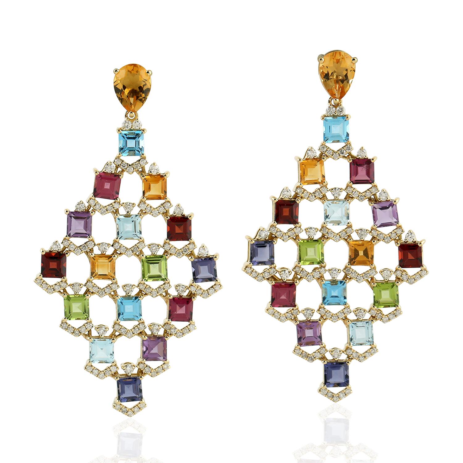 Mixed Cut Multi Gemstone Rainbow Colored Dangle Earring with Diamonds Made in 18k Gold For Sale