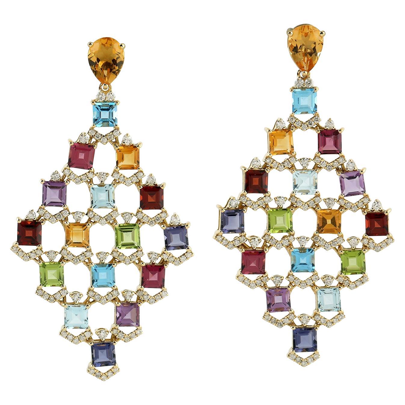 Multi Gemstone Rainbow Colored Dangle Earring with Diamonds Made in 18k Gold For Sale