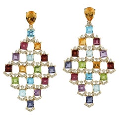 Boucles d'oreilles pendantes en or 18k avec diamants et pierres multiples de couleur arc-en-ciel