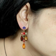 Multi Gemstone Rainbow Dangle Earrings Made In 18K Yellow Gold